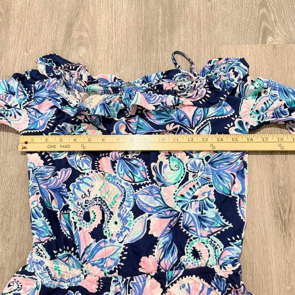 Lilly Pulitzer Girls XXL 16 Romper Navy Pink Floral Paisley Ruffle Off Shoulder